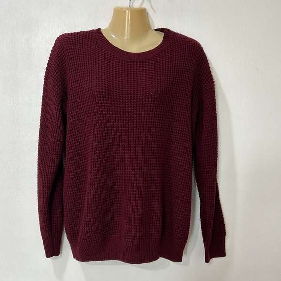 MEROKEETY  WOMENS CREW NECK WAFFLE KNIT PULLOVER TOP WINE Sz MD - Picture 2 of 11